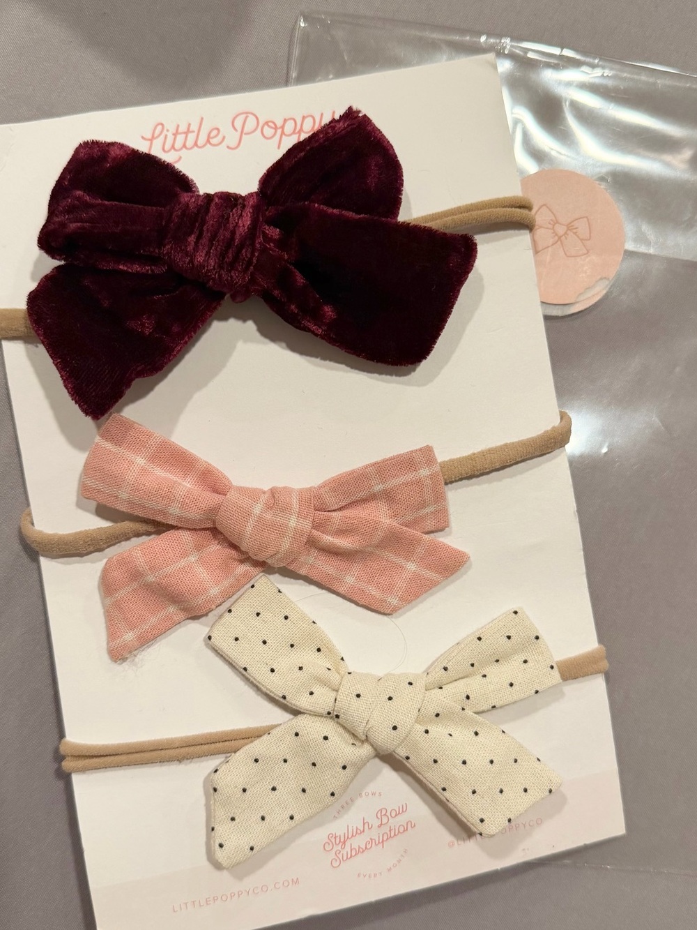 Little poppy co Bow Headband Set - 
-Velvet Burgundy, Pink, Cream polka dot